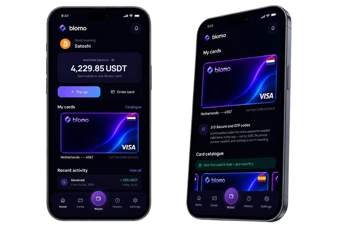 Two Blomo screens: a balance in USDT with a virtual card, and the card catalogue