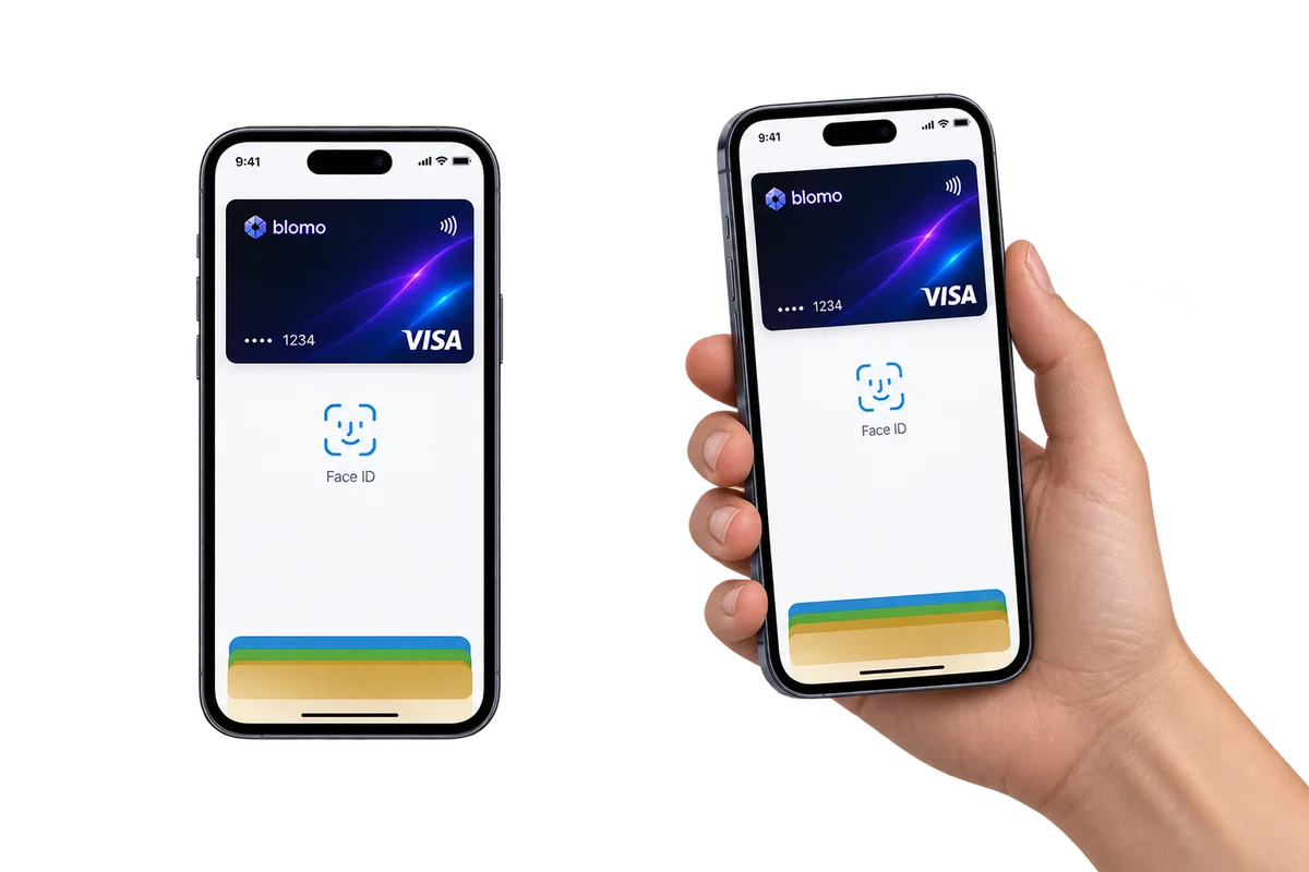 A Blomo card added to Apple Wallet, with Face ID ready to confirm a payment