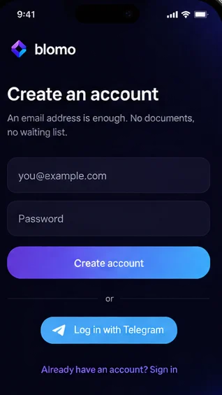 The Blomo sign-up screen: an email field, a password field and a Telegram login button