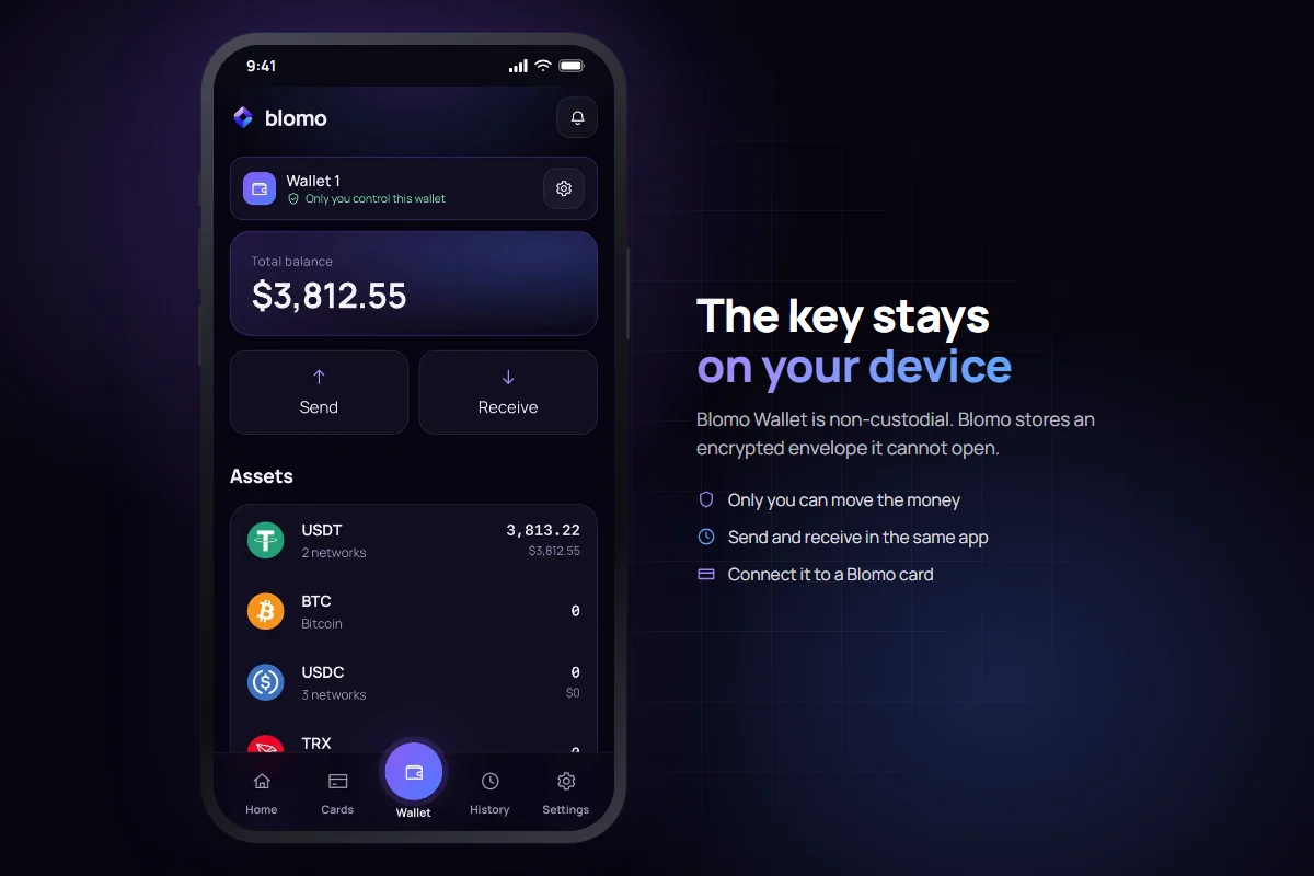 The Blomo Wallet screen: a total balance, Send and Receive, and the list of assets